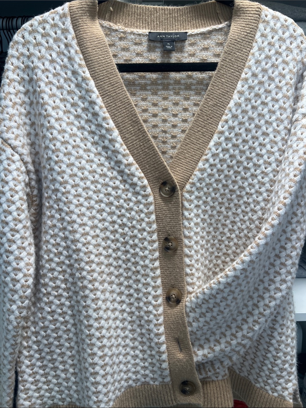 Ann Taylor Cream and Taupe Textured V‑Neck Button Cardigan
